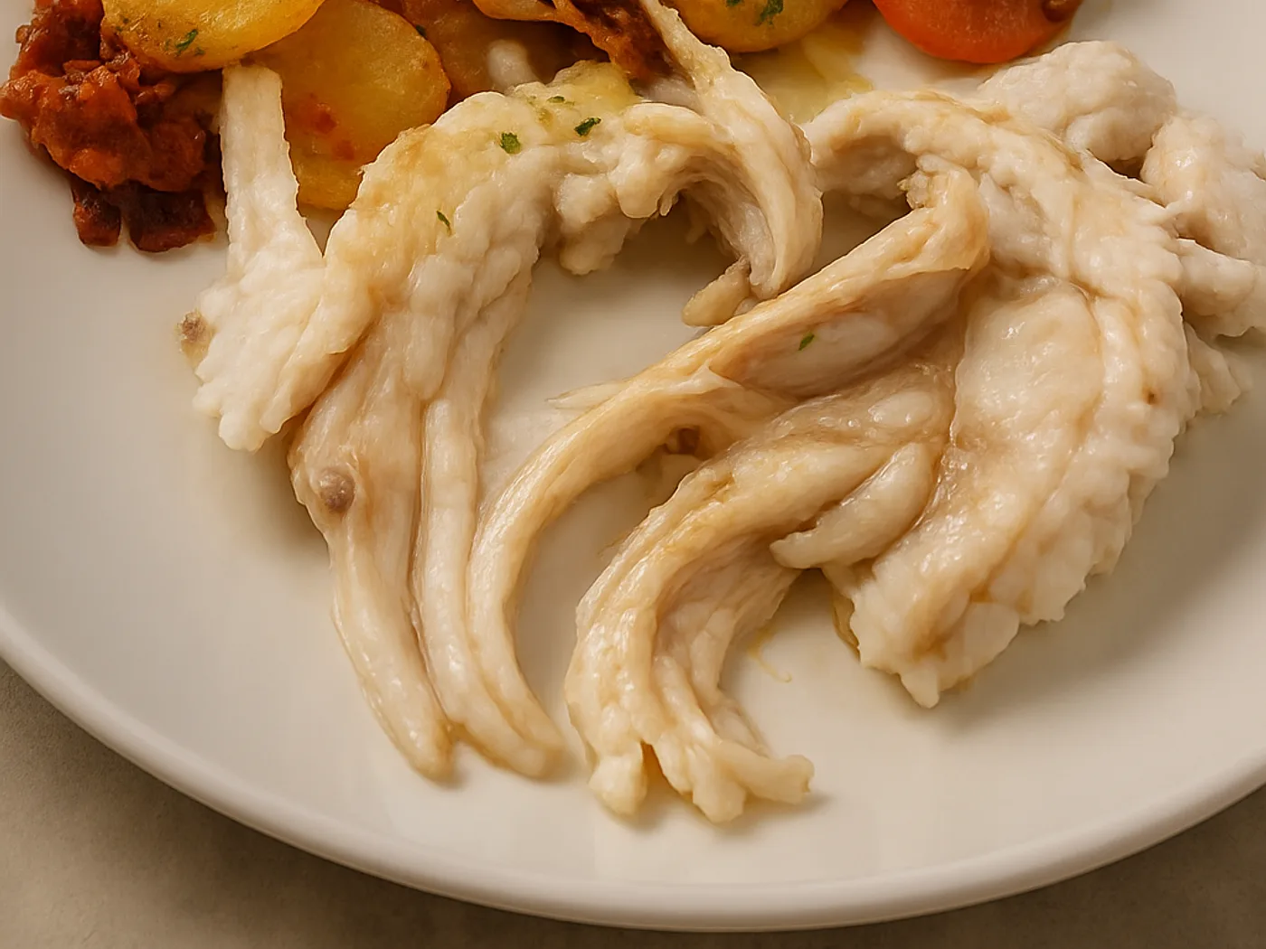 Filetti di pesce con patate e pasta ai frutti di mare