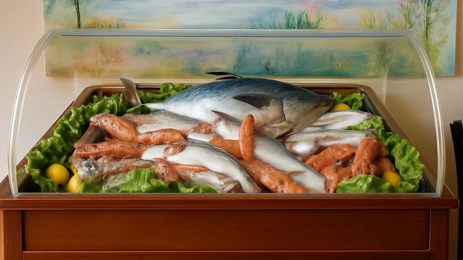 Il banco del pesce fresco del Peschereccio davanti al murale del mare